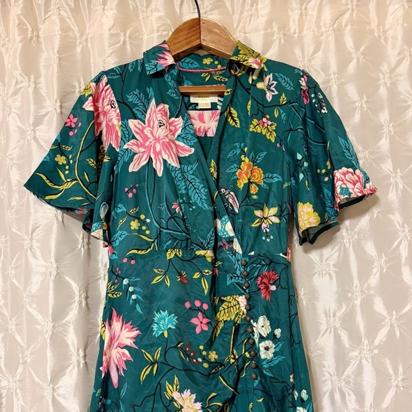 Anthropologie Maeve Green Floral & Bird Print Button-Front Midi Dress Wrap - Picture 5 of 15